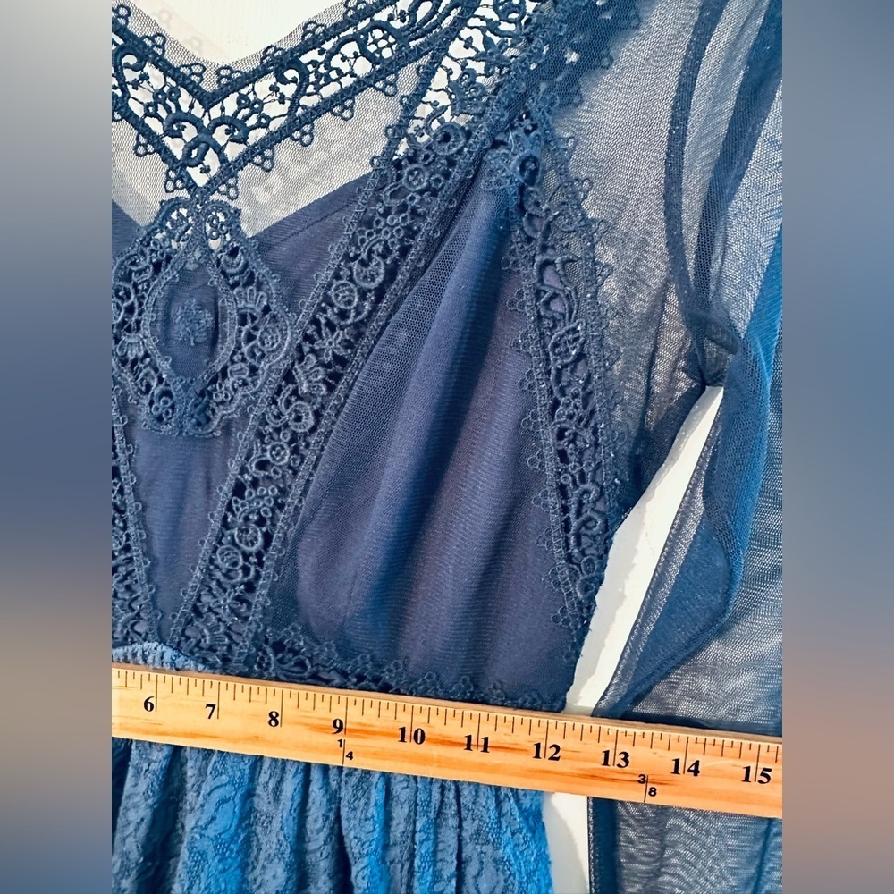 FREE PEOPLE Fairy Feminine Rave Whimsigoth Sz 2 Blue Mesh Lace Sheer Mini Dress - Picture 10 of 16